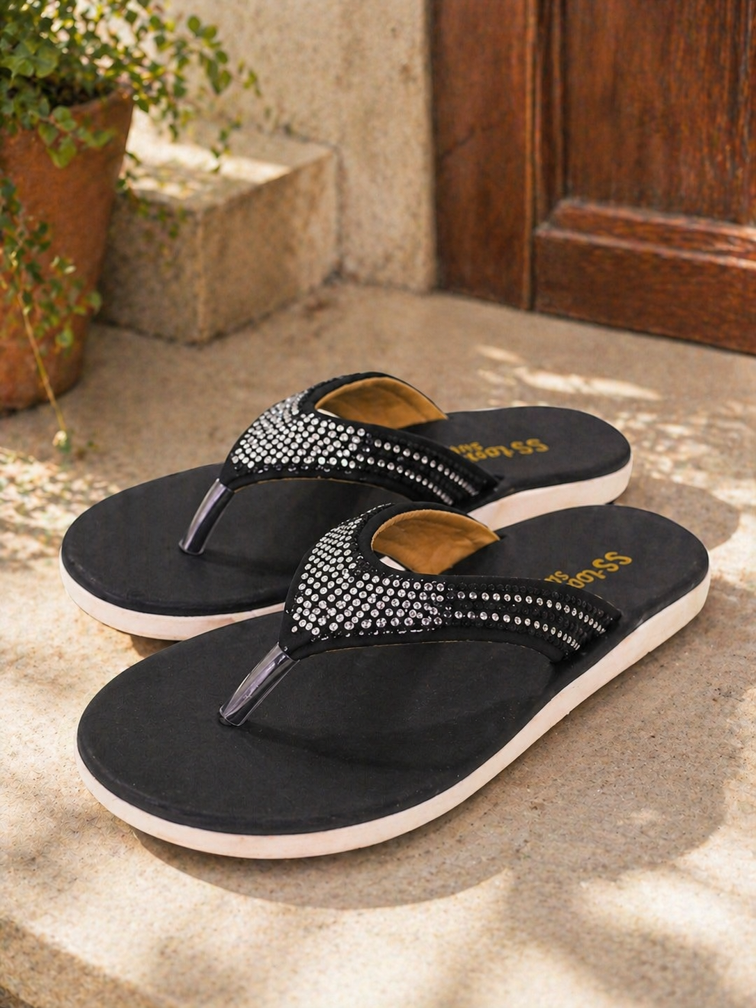 Embellished Black Flip-Flops