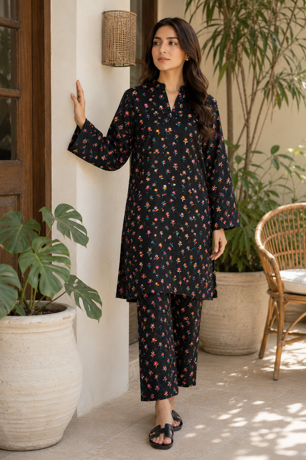 Black Floral Printed 2-Piece Lawn Suit