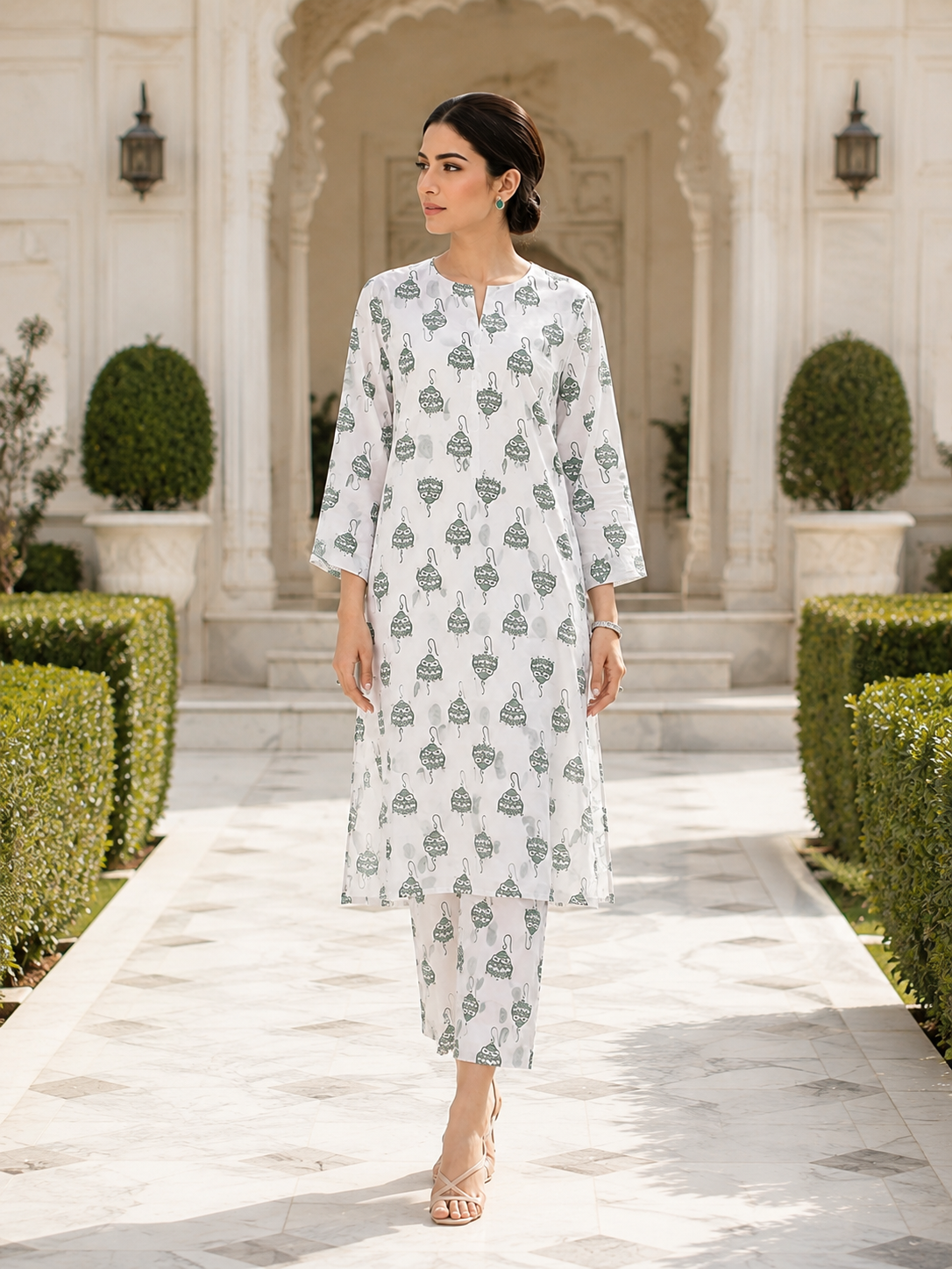 White & Sage Green Unstitched 2 Piece Lawn Suit