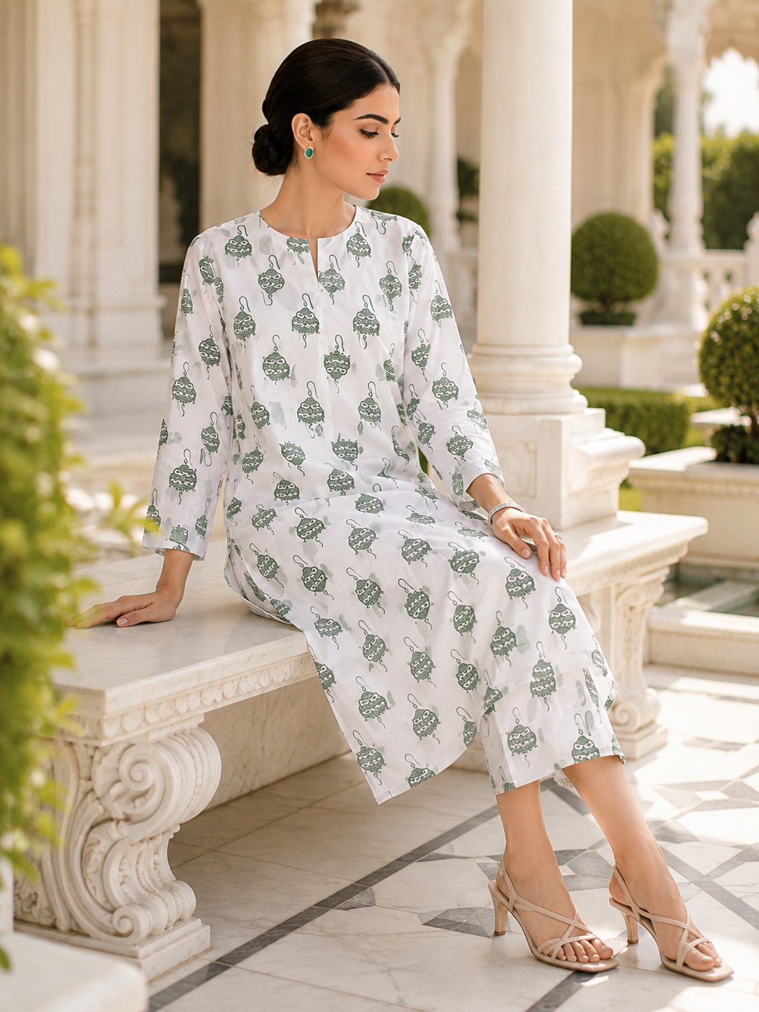 White & Sage Green Unstitched 2 Piece Lawn Suit