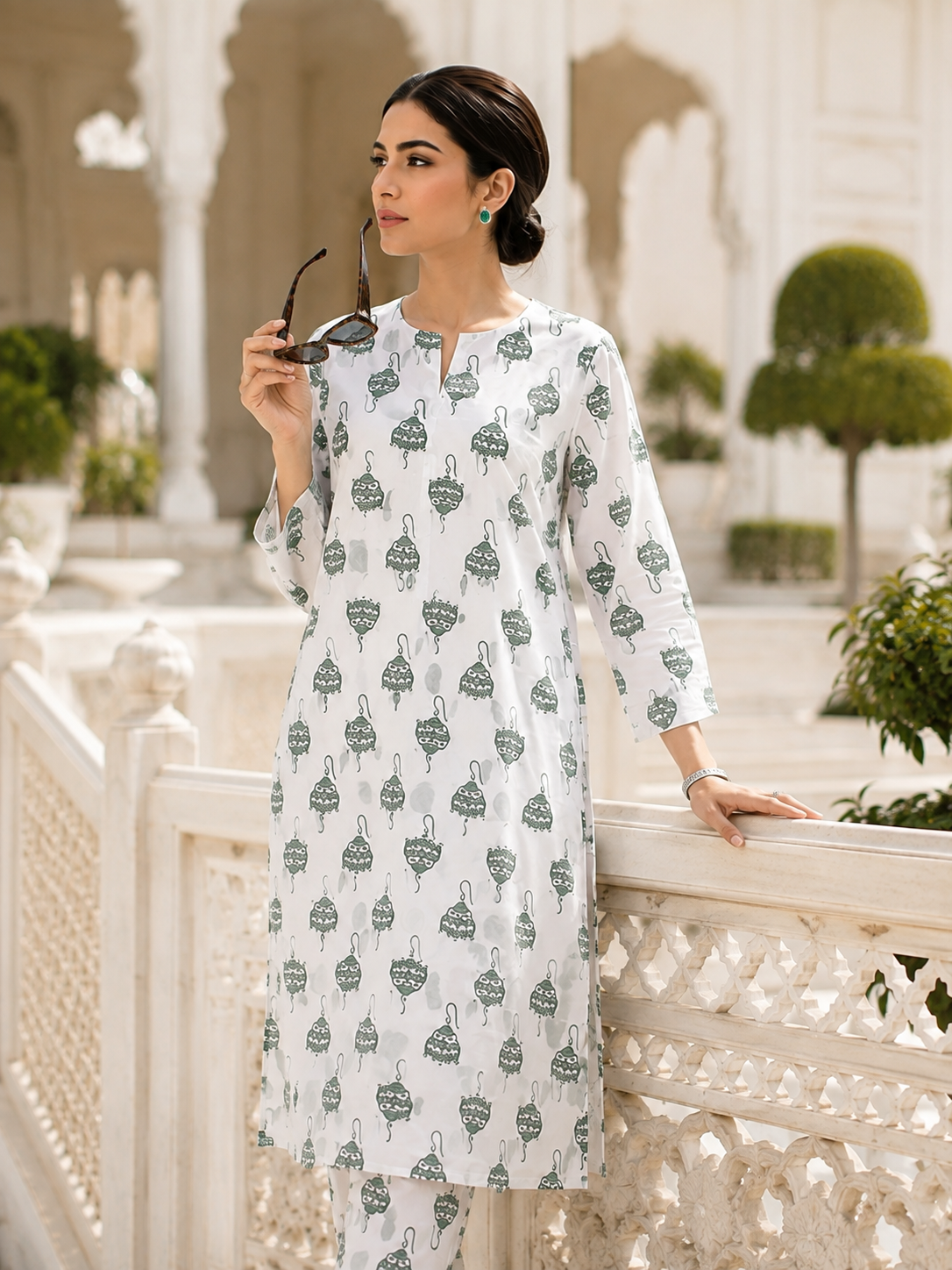 White & Sage Green Unstitched 2 Piece Lawn Suit