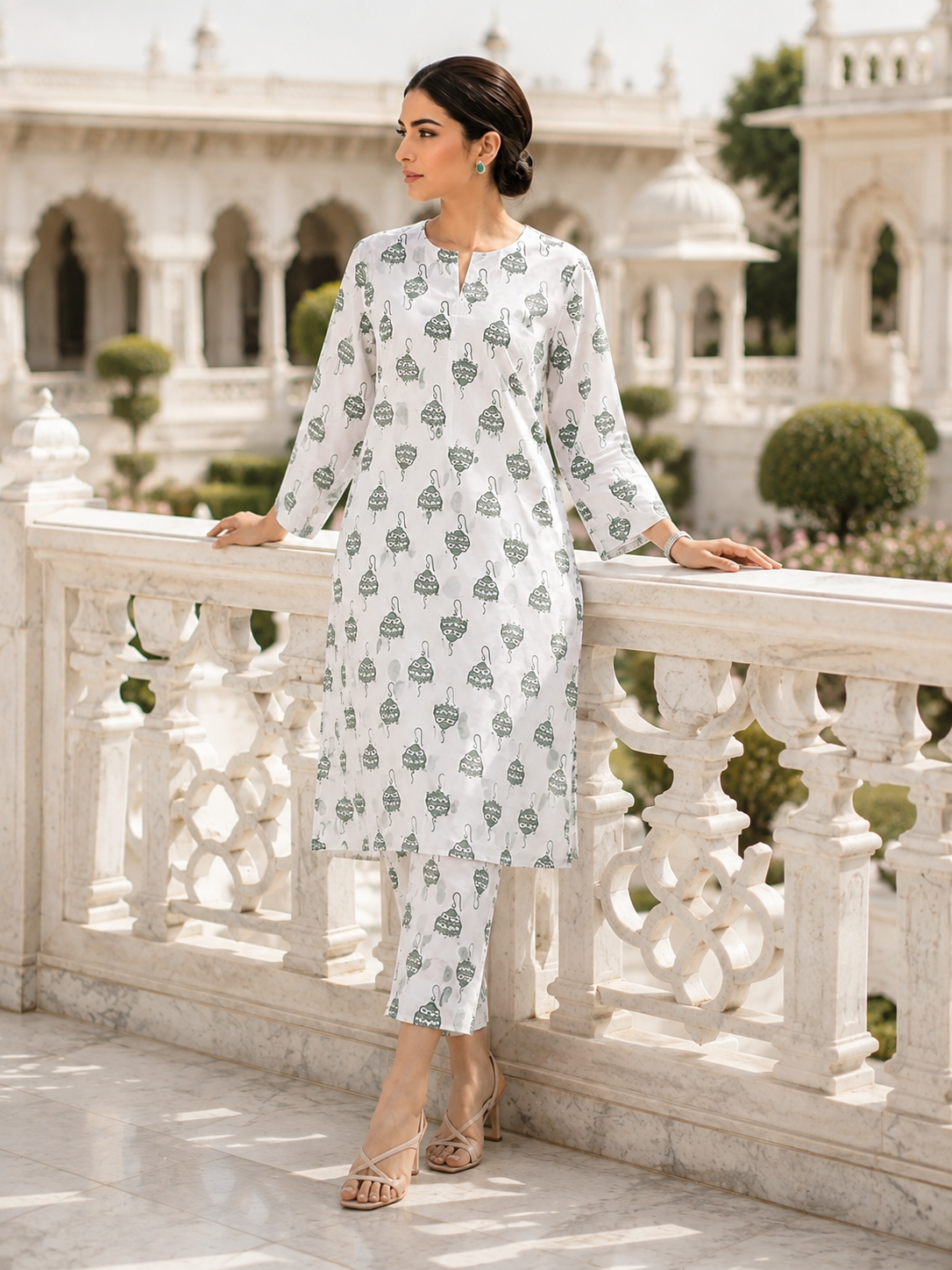 White & Sage Green Unstitched 2 Piece Lawn Suit