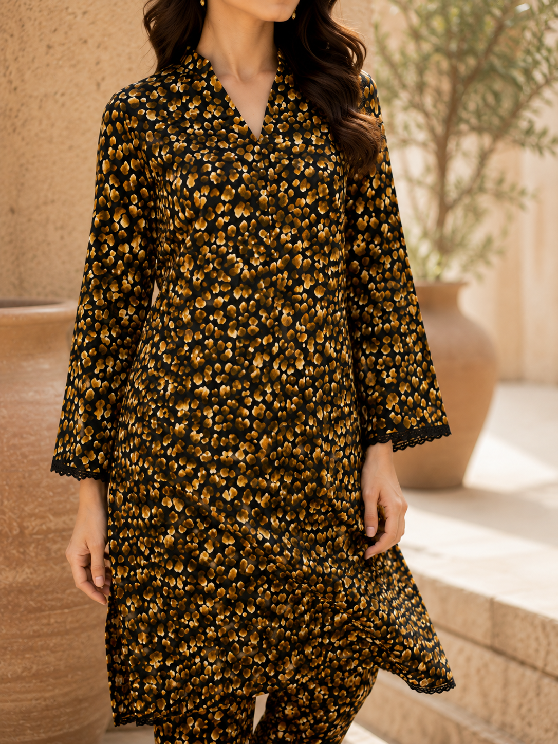Black & Golden Stone Linen Unstitched 2-Piece Suit
