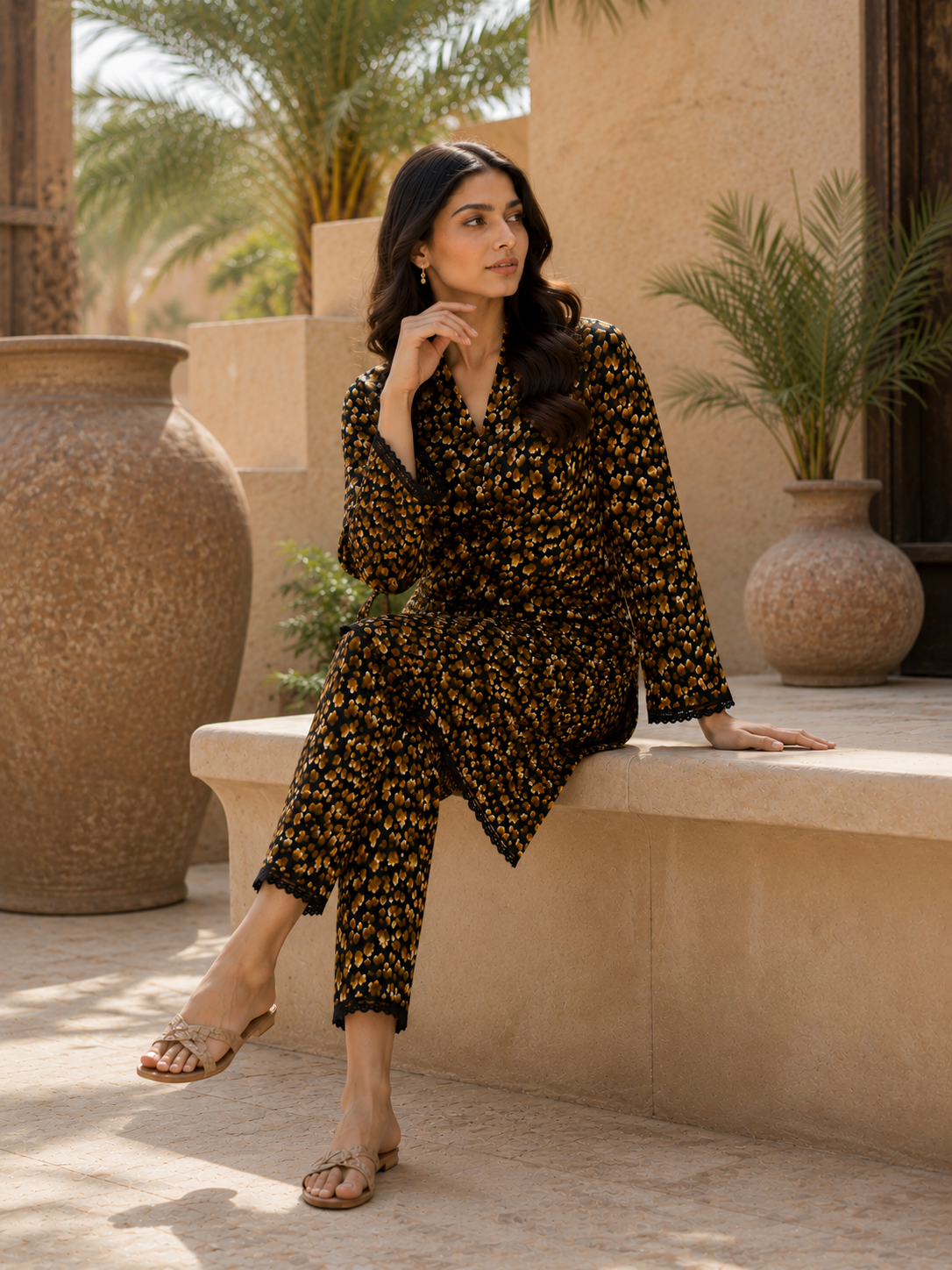 Black & Golden Stone Linen Unstitched 2-Piece Suit