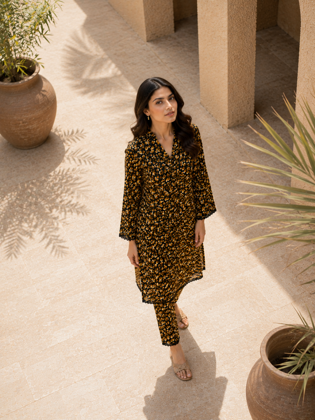 Black & Golden Stone Linen Unstitched 2-Piece Suit