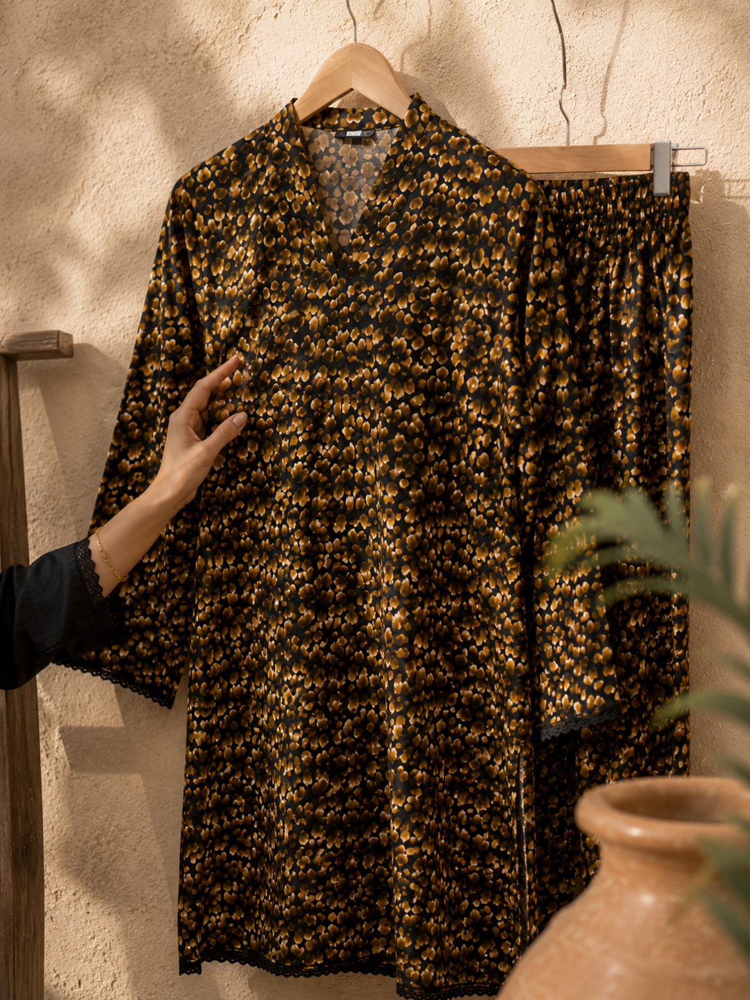 Black & Golden Stone Linen Unstitched 2-Piece Suit