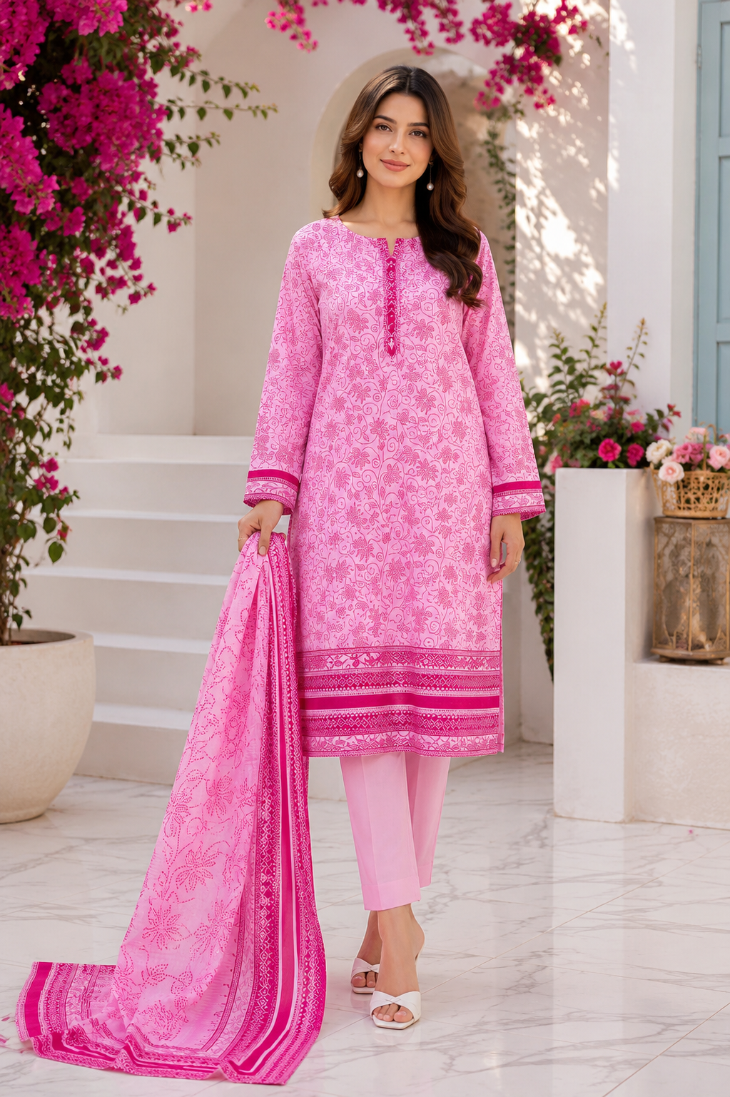 3 Piece Pink Printed Lawn Suit – Unstitch Summer Collection