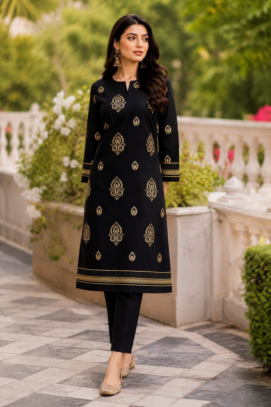 Black & Gold Printed 2-Piece Lawn Suit