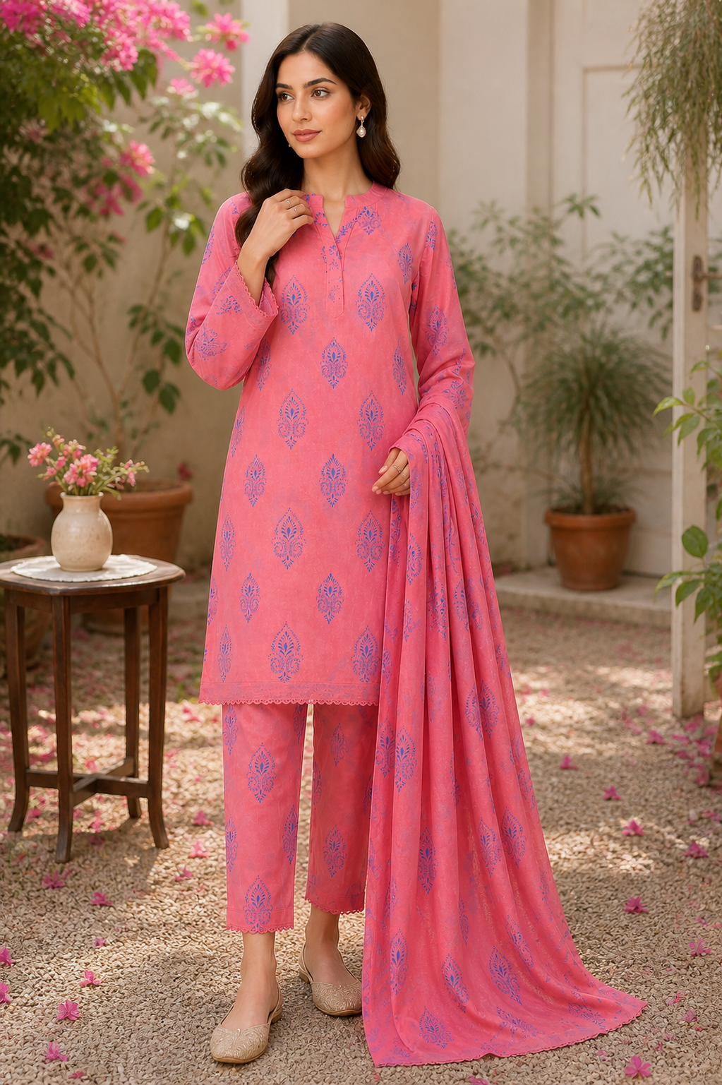 Coral Pink 2 Piece Lawn Suit