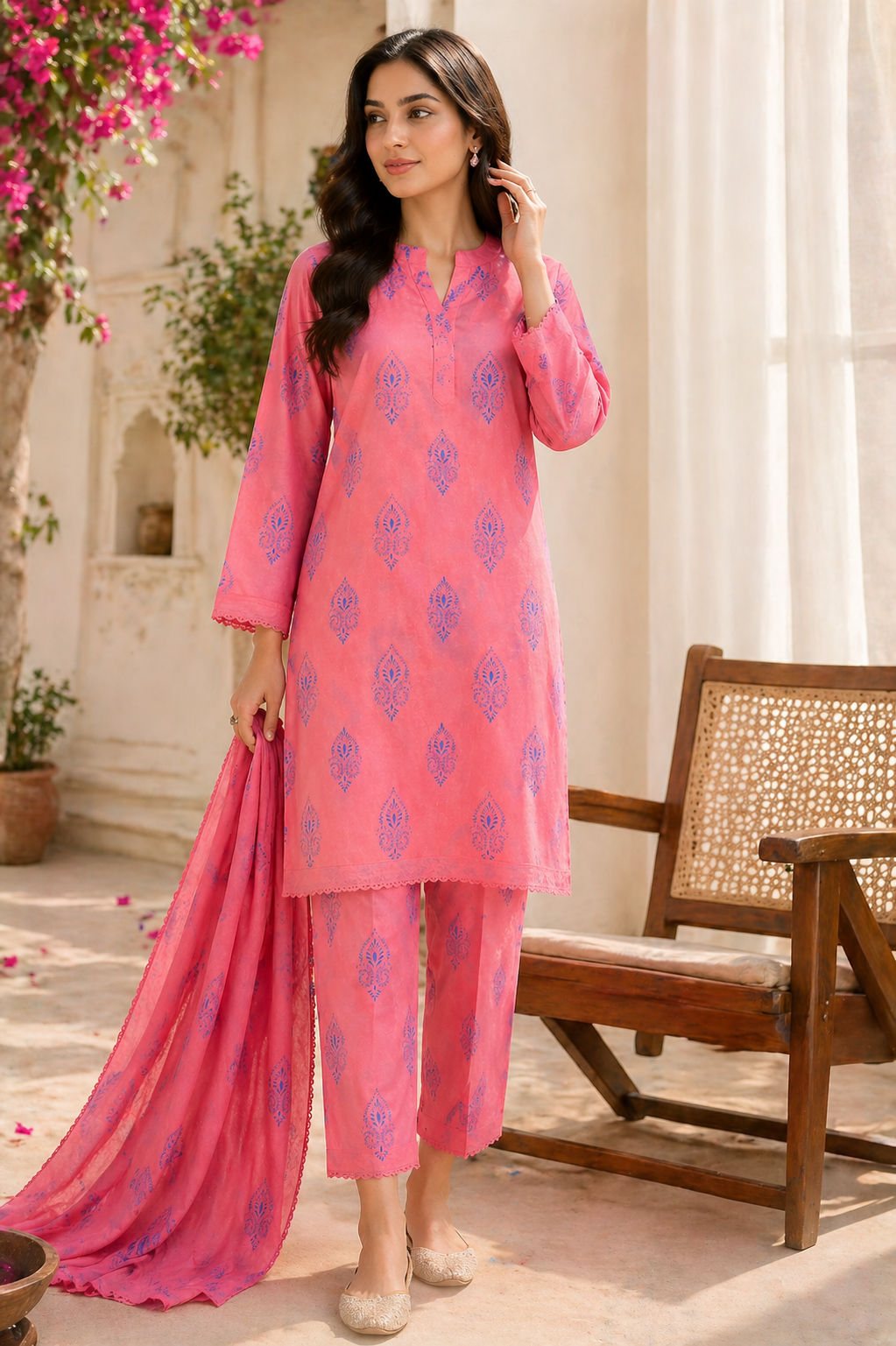Coral Pink 2 Piece Lawn Suit
