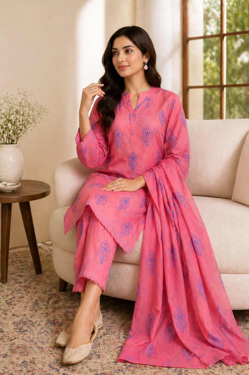 Coral Pink 2 Piece Lawn Suit