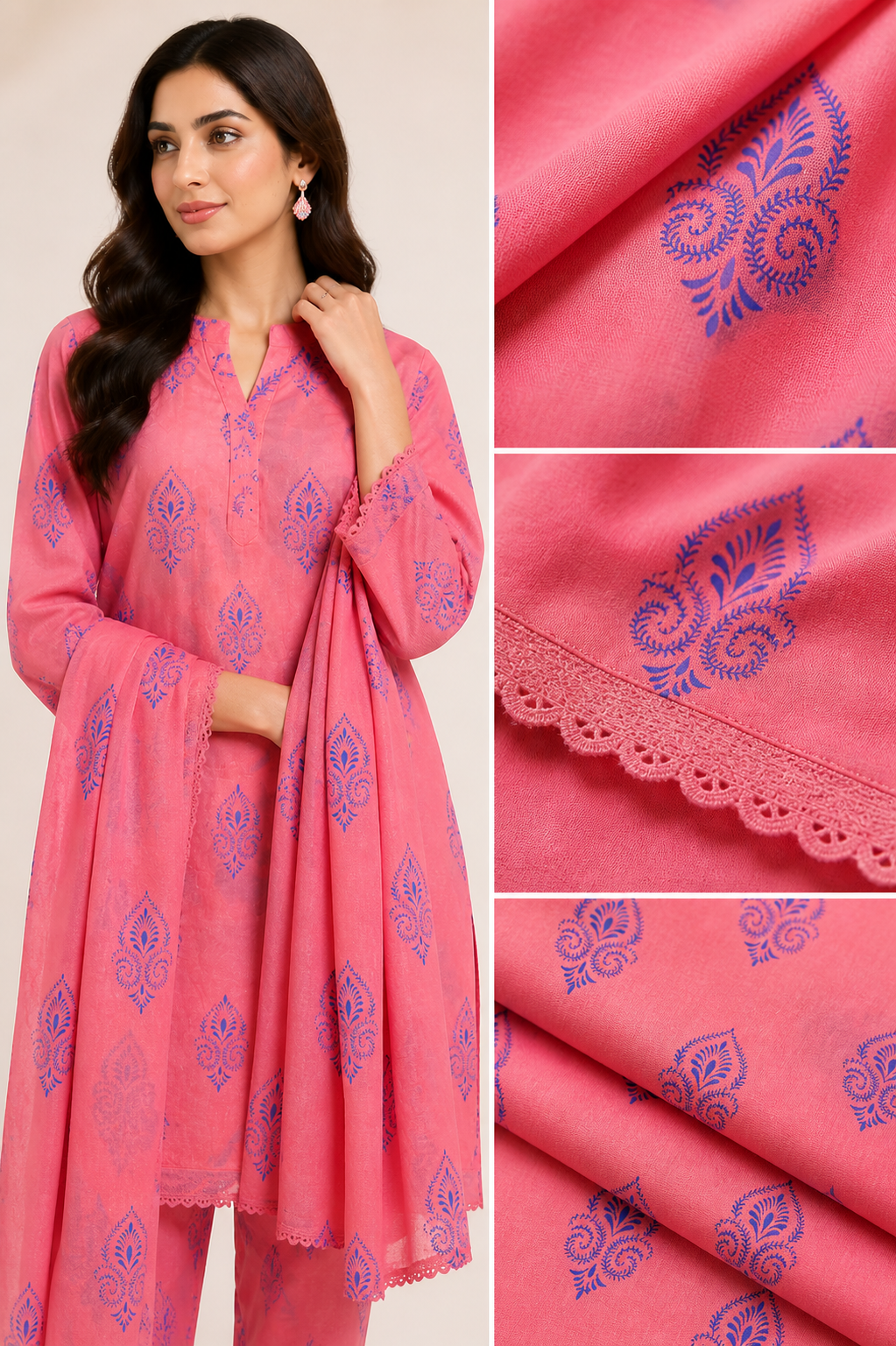Coral Pink 2 Piece Lawn Suit