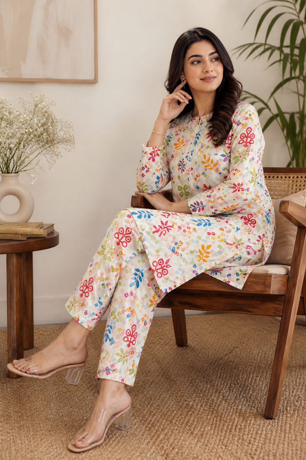 White Base 2 Piece Lawn Suit