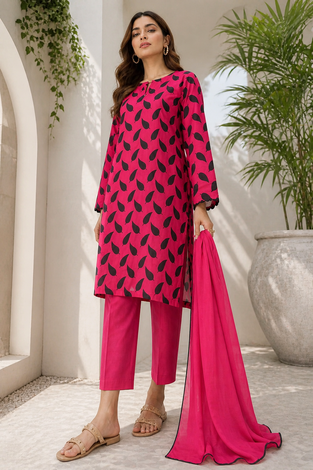 Pink Leaf Printed 2-Piece Lawn