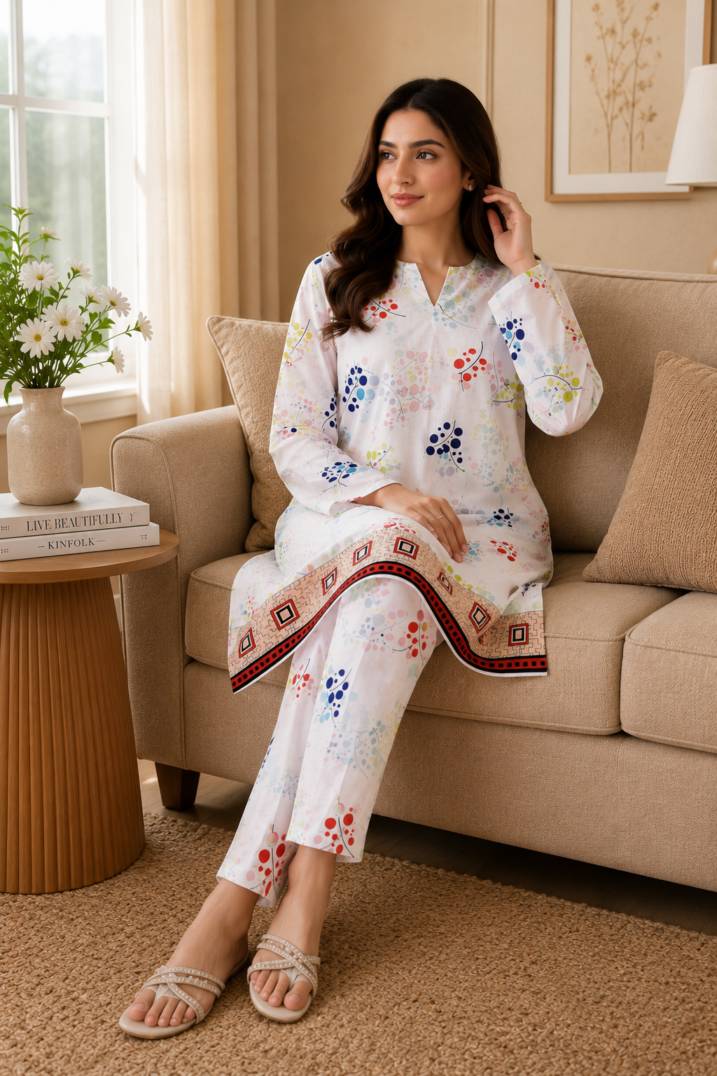 White Floral Printed 2 Piece Lawn Suit