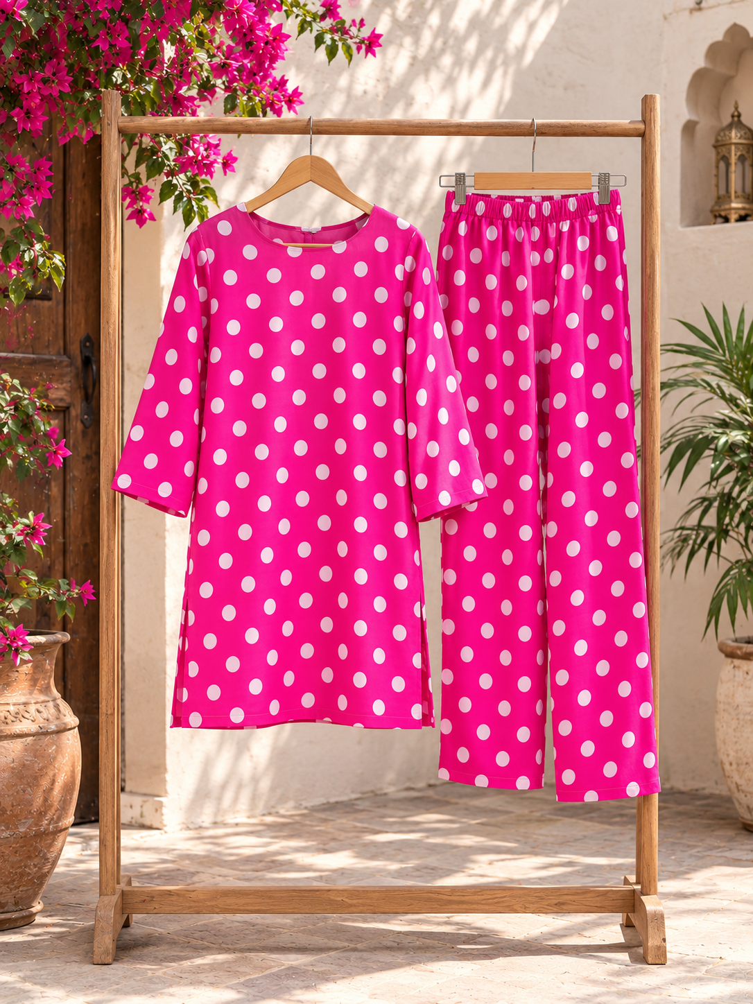 Pink Polka Dot Linen 2-Piece Unstitch Suit