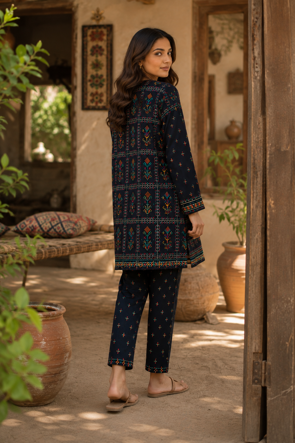 Black Printed Unstich 2-Piece Lawn Suit
