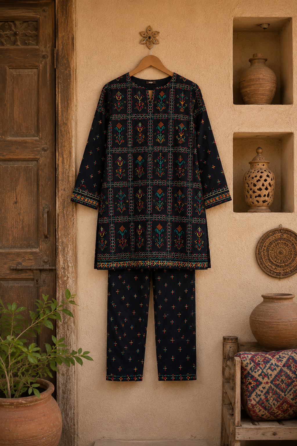 Black Printed Unstich 2-Piece Lawn Suit