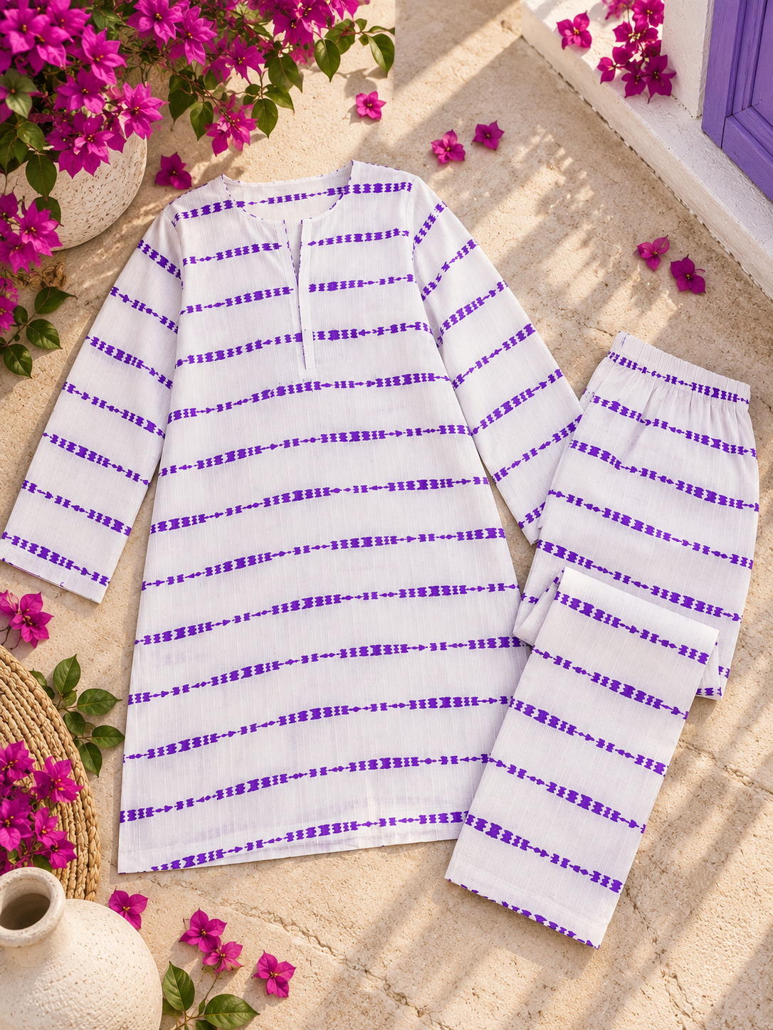 Purple Print Unstich  2-Piece Lawn Suit