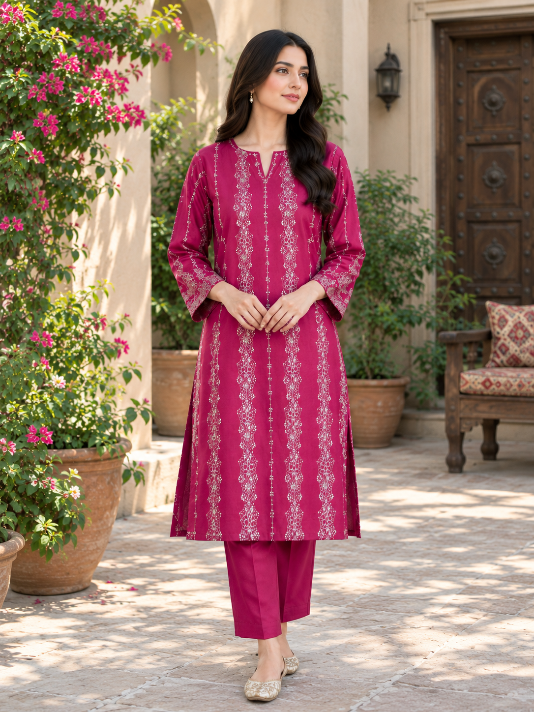 Maroon Embroidered Unstich Dhanak 2-Piece Suit