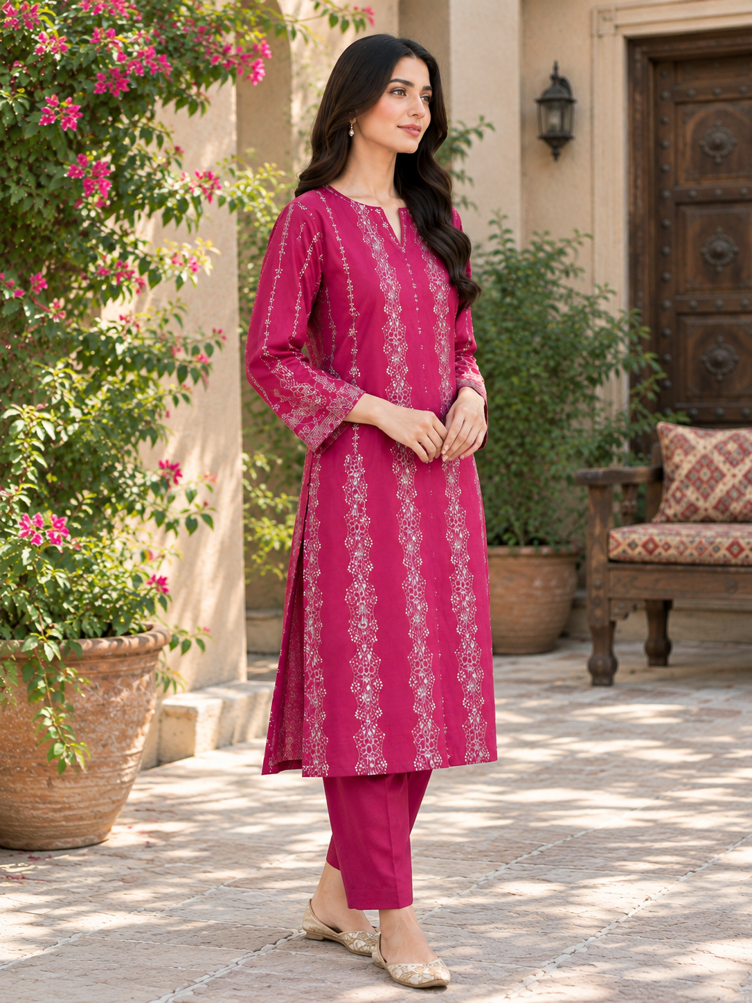 Maroon Embroidered Unstich Dhanak 2-Piece Suit