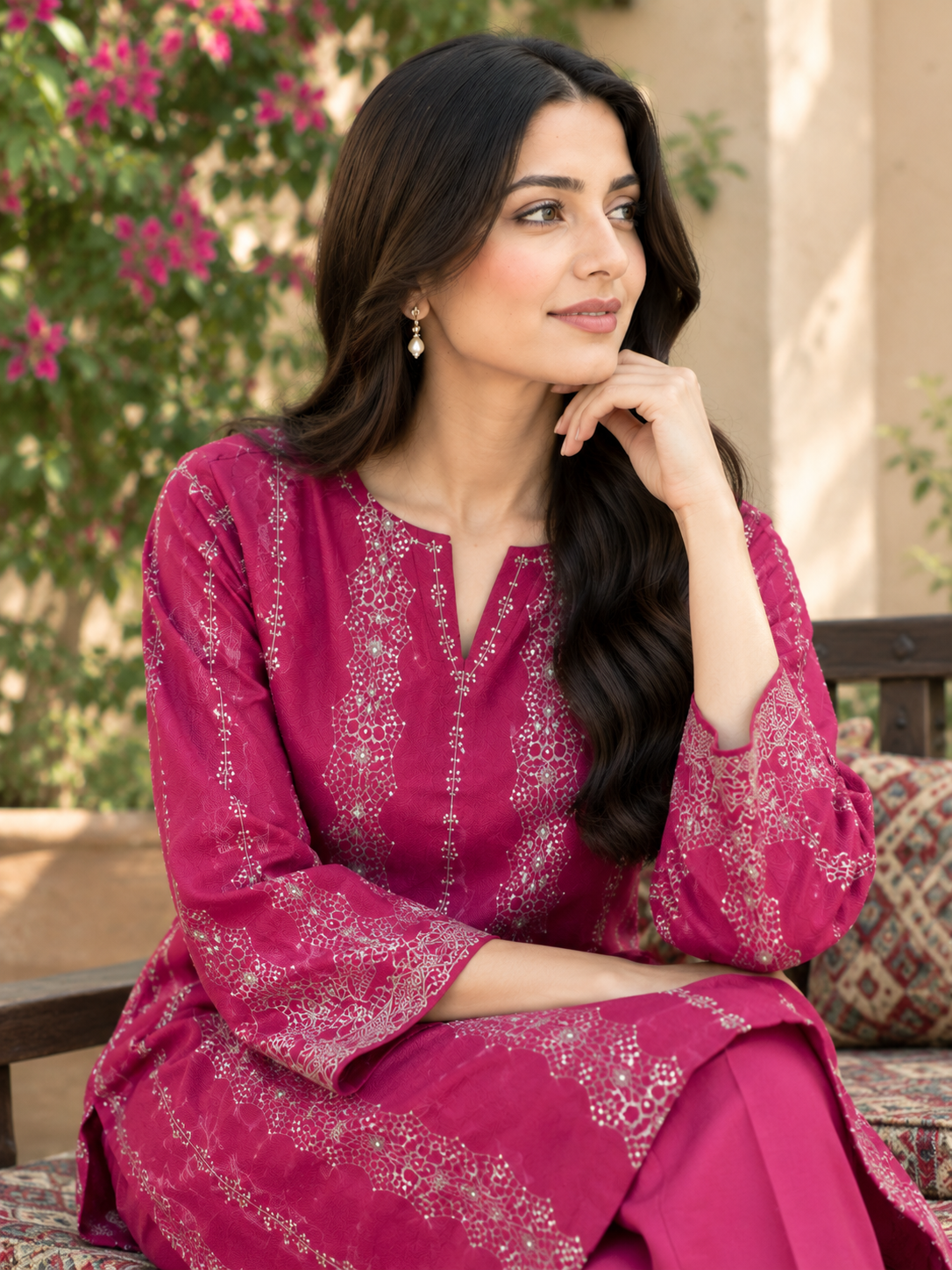 Maroon Embroidered Unstich Dhanak 2-Piece Suit
