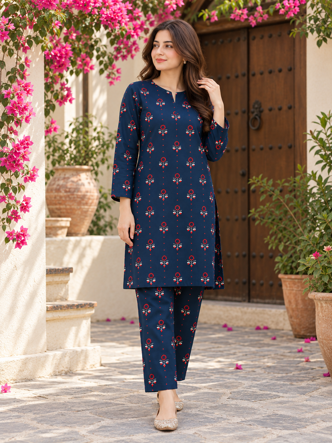 Navy Blue Printed Unstich Stone Linen 2-Piece Suit
