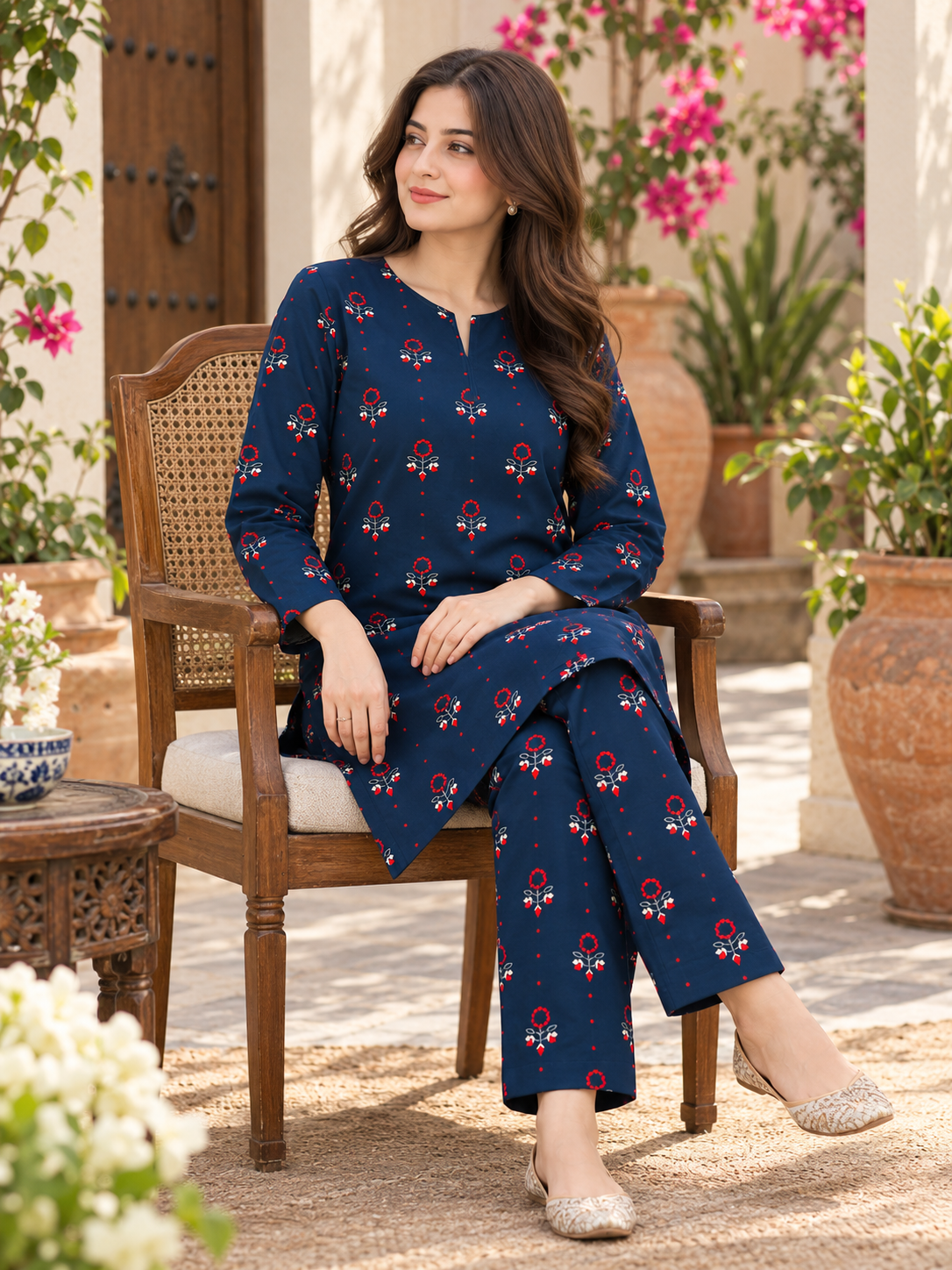 Navy Blue Printed Unstich Stone Linen 2-Piece Suit