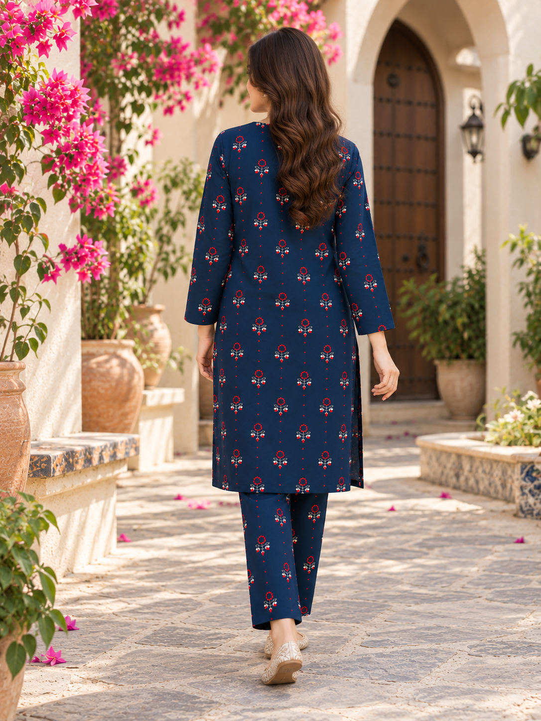Navy Blue Printed Unstich Stone Linen 2-Piece Suit