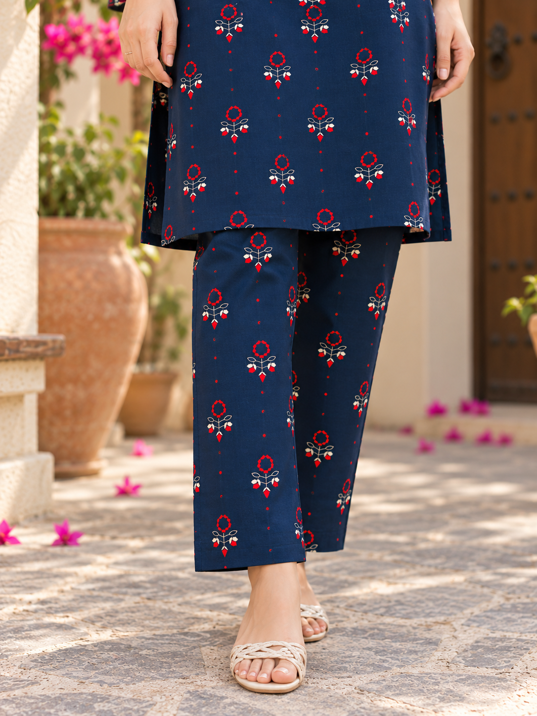 Navy Blue Printed Unstich Stone Linen 2-Piece Suit