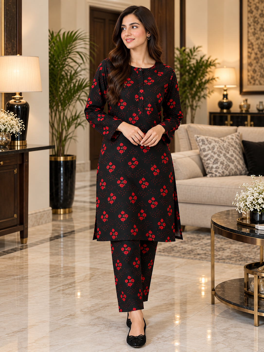 Black & Red Printed Stone Linen 2-Piece Suit