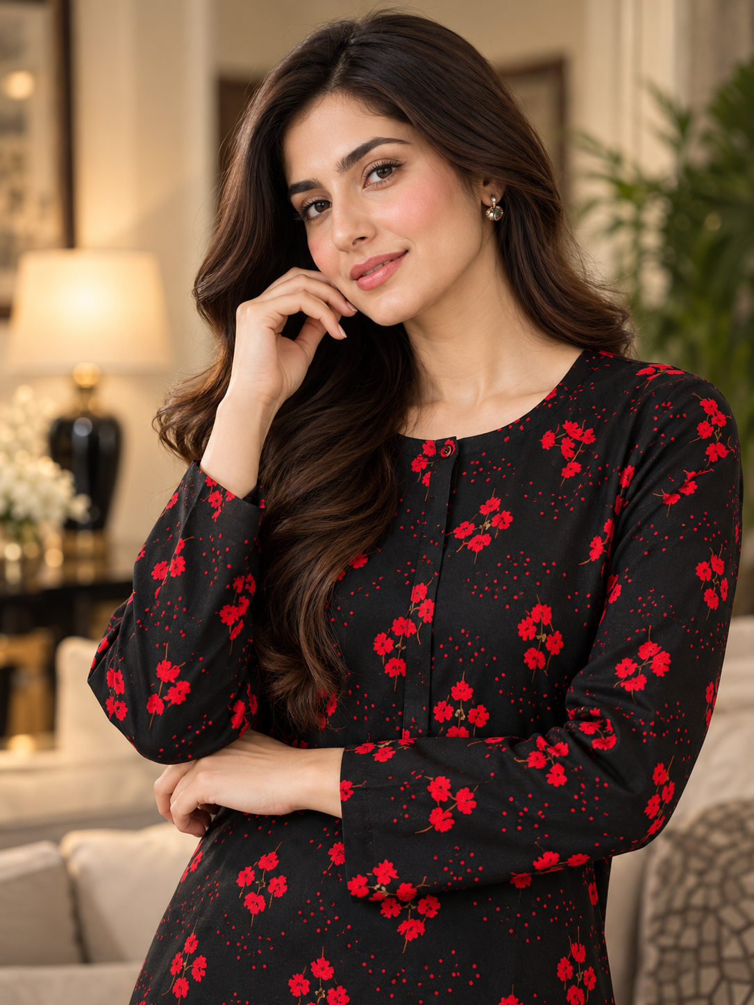 Black & Red Printed Stone Linen 2-Piece Suit