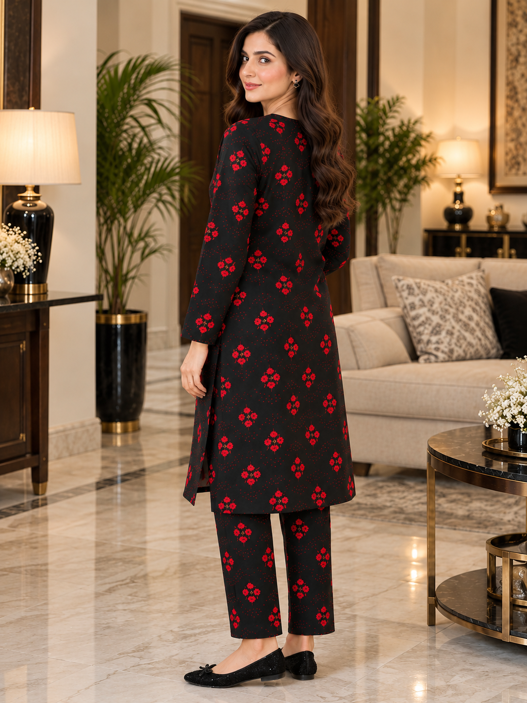 Black & Red Printed Stone Linen 2-Piece Suit