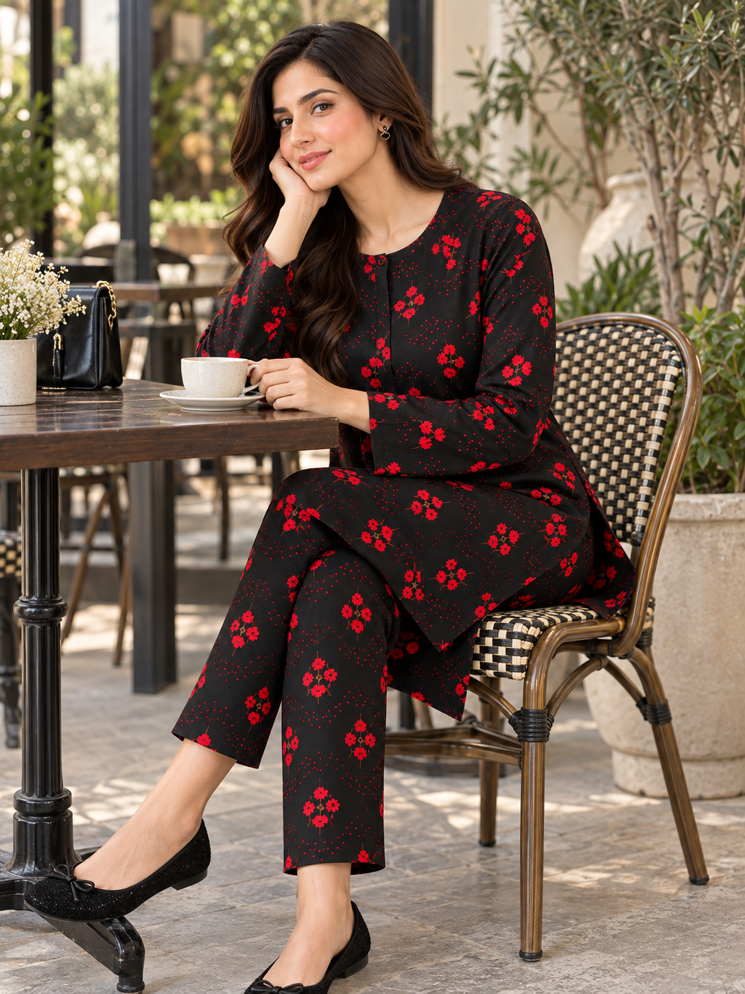 Black & Red Printed Stone Linen 2-Piece Suit