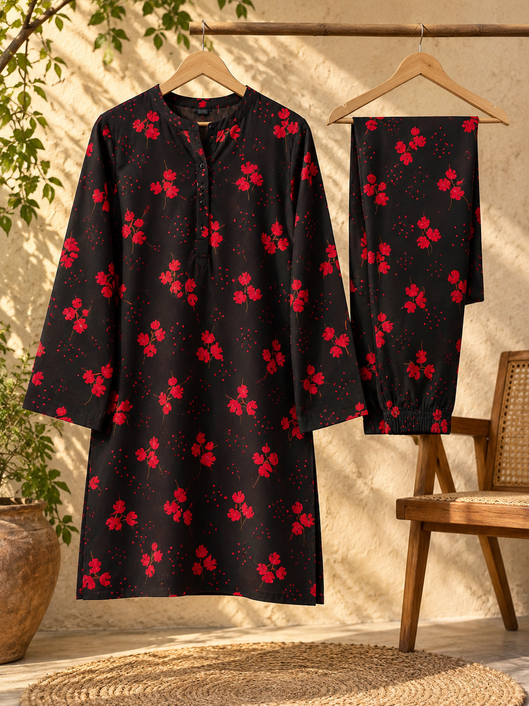 Black & Red Printed Stone Linen 2-Piece Suit