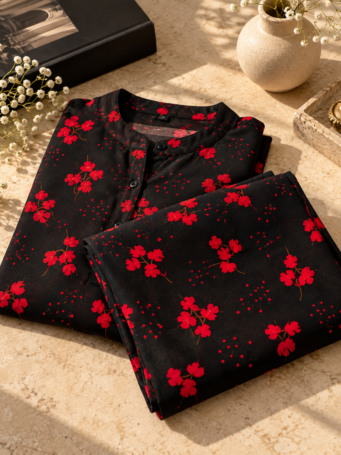 Black & Red Printed Stone Linen 2-Piece Suit