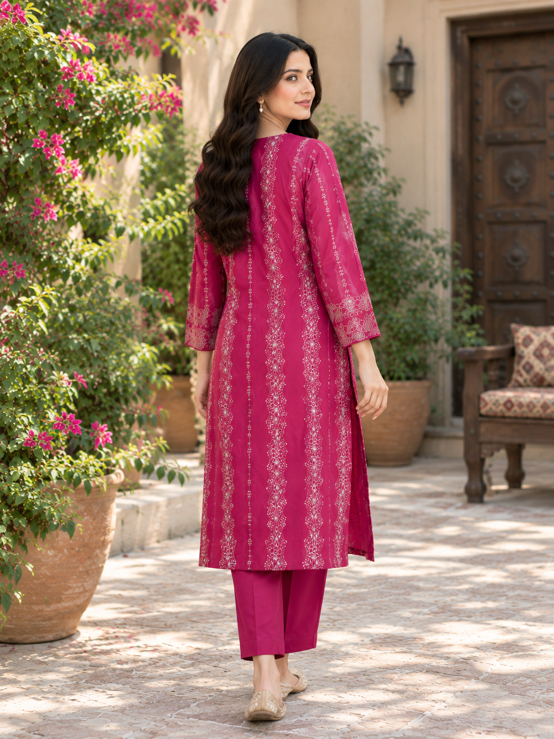 Maroon Embroidered Unstich Dhanak 2-Piece Suit