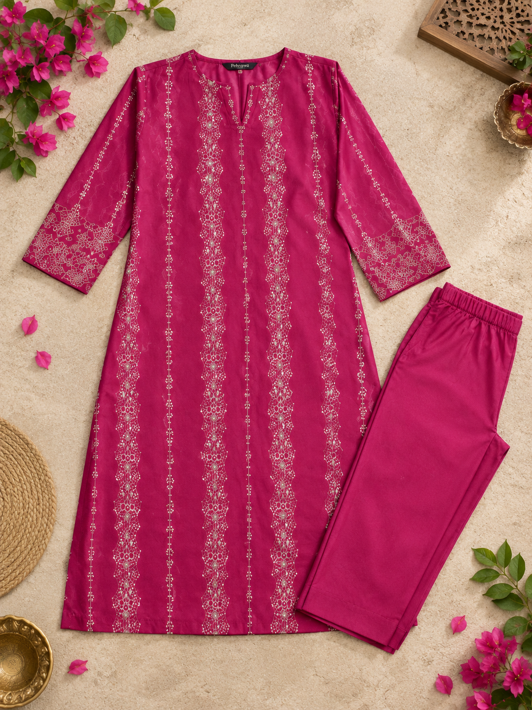 Maroon Embroidered Unstich Dhanak 2-Piece Suit