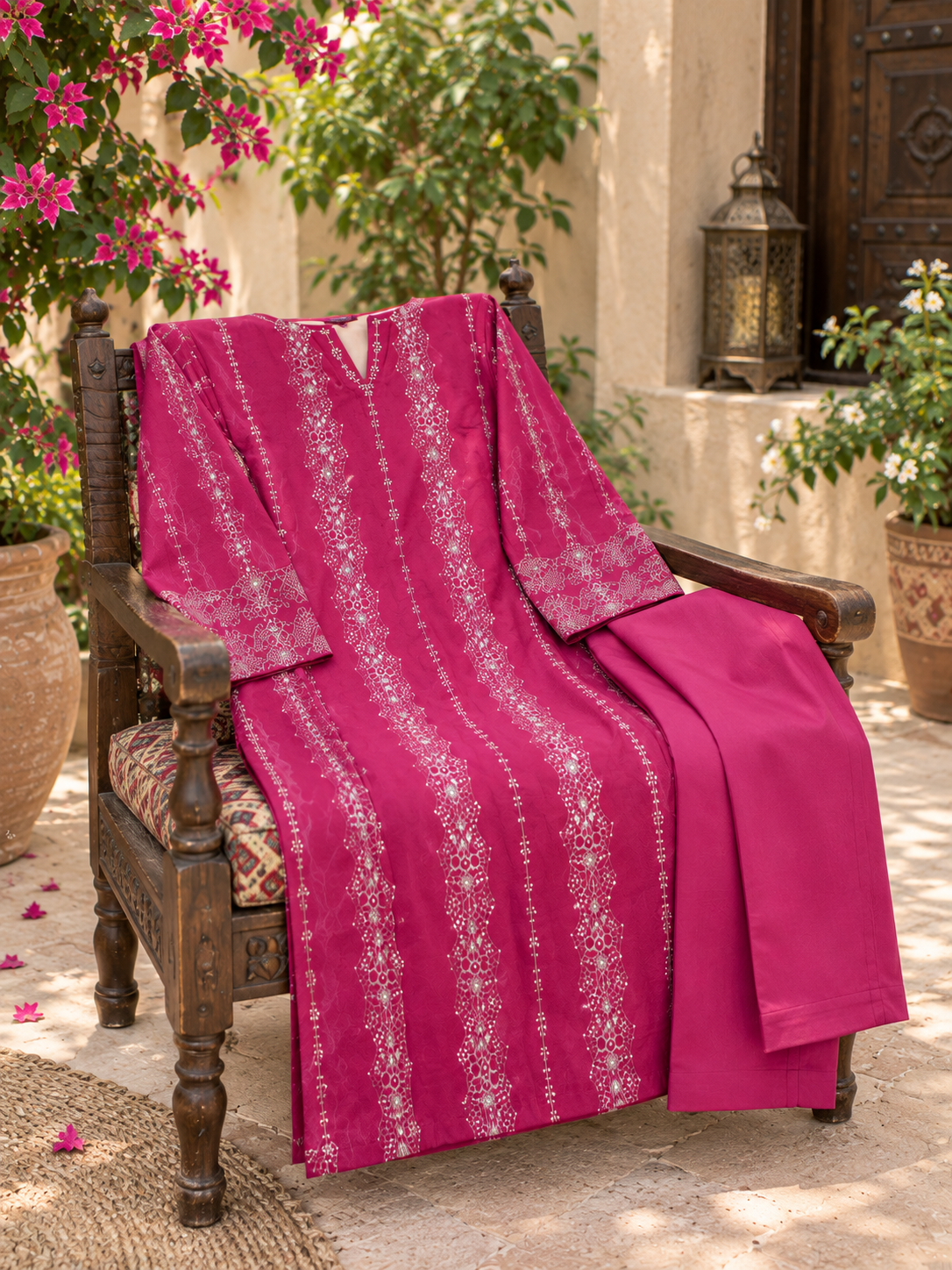 Maroon Embroidered Unstich Dhanak 2-Piece Suit
