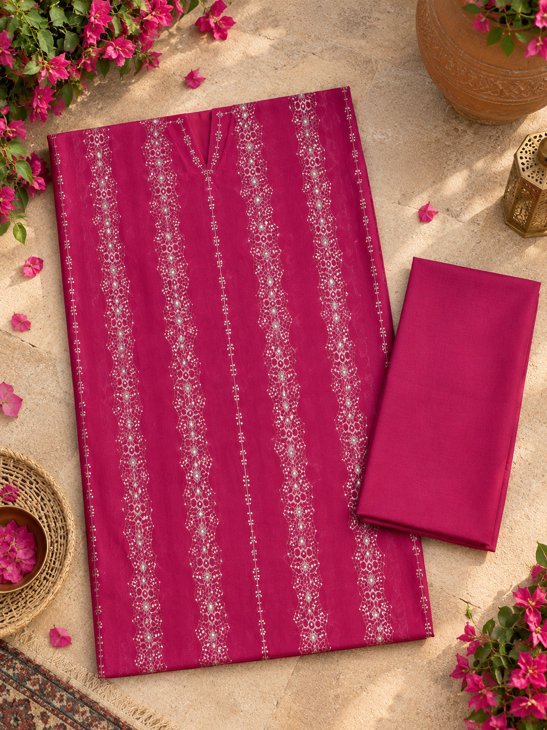 Maroon Embroidered Unstich Dhanak 2-Piece Suit