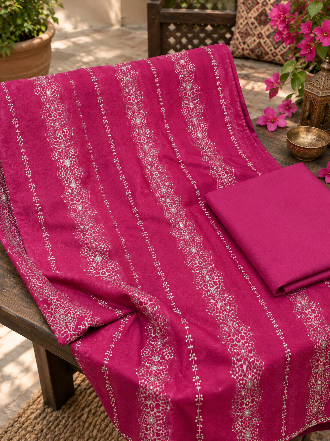 Maroon Embroidered Unstich Dhanak 2-Piece Suit