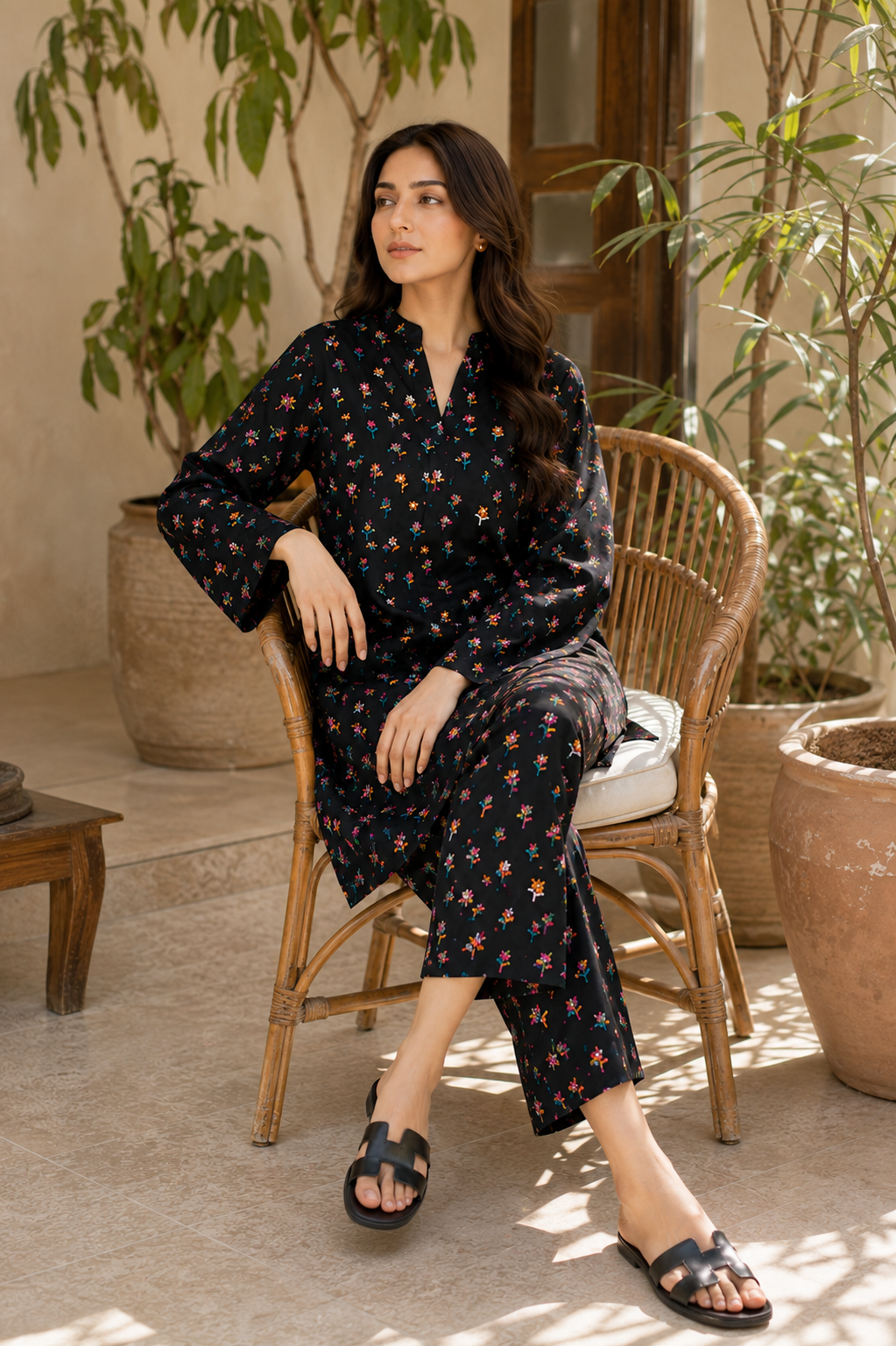 Black Floral Printed 2-Piece Lawn Suit