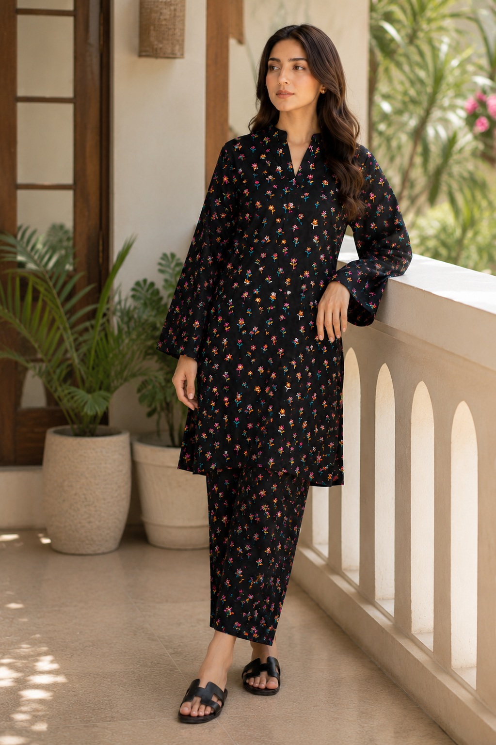Black Floral Printed 2-Piece Lawn Suit
