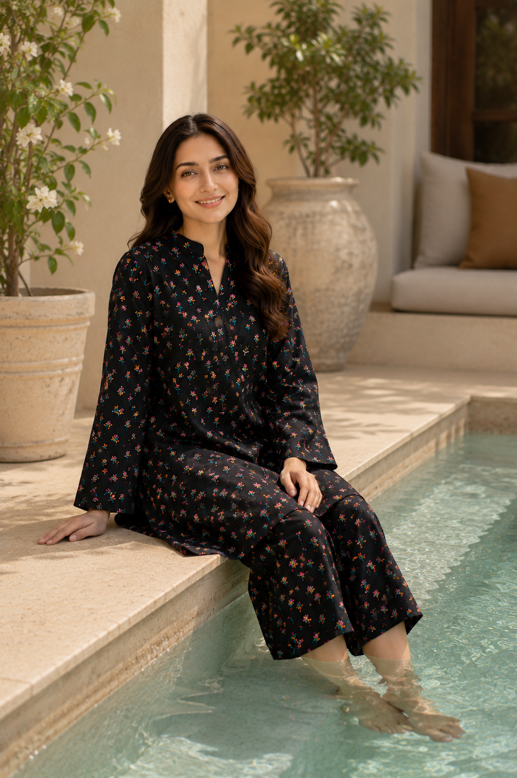 Black Floral Printed 2-Piece Lawn Suit
