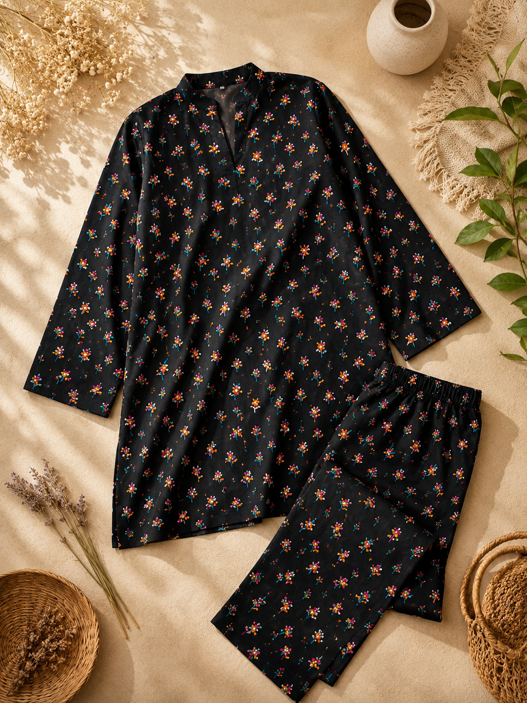 Black Floral Printed 2-Piece Lawn Suit