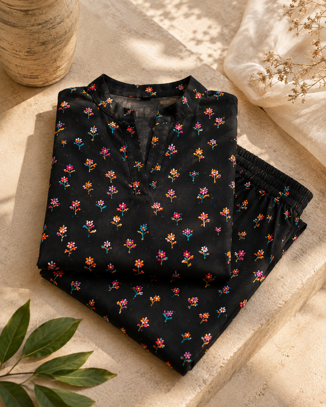 Black Floral Printed 2-Piece Lawn Suit