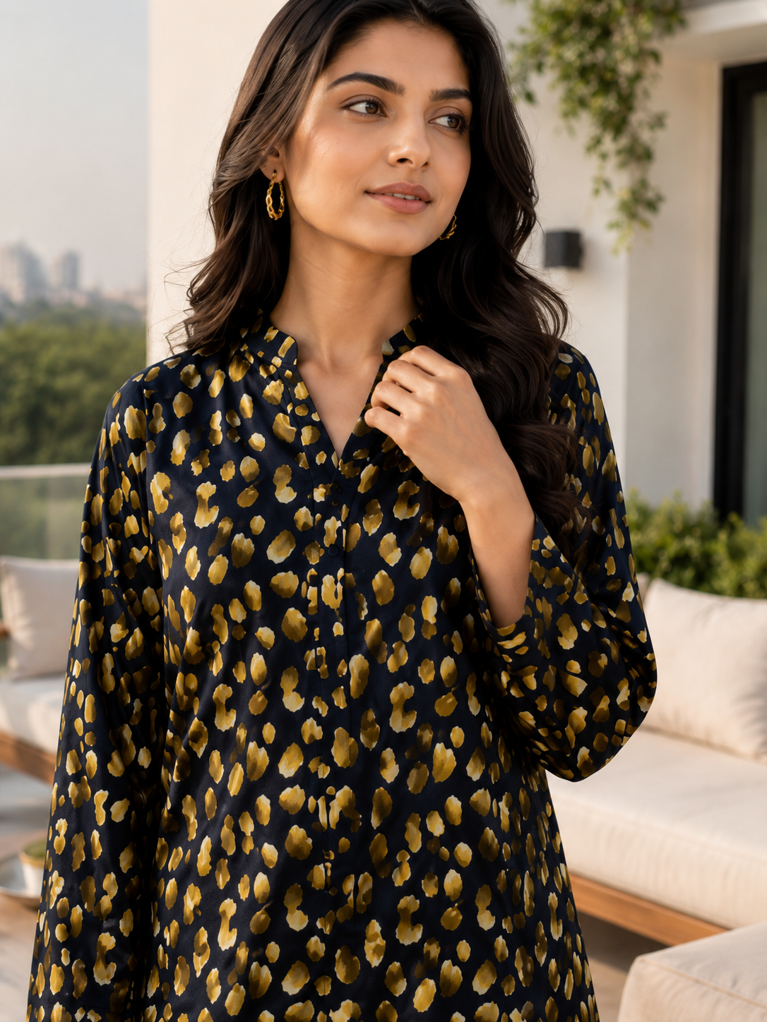 Navy Blue & Golden Stone Linen Unstitched 2-Piece Suit