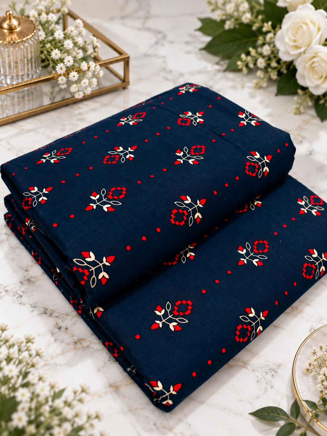 Navy Blue Printed Unstich Stone Linen 2-Piece Suit
