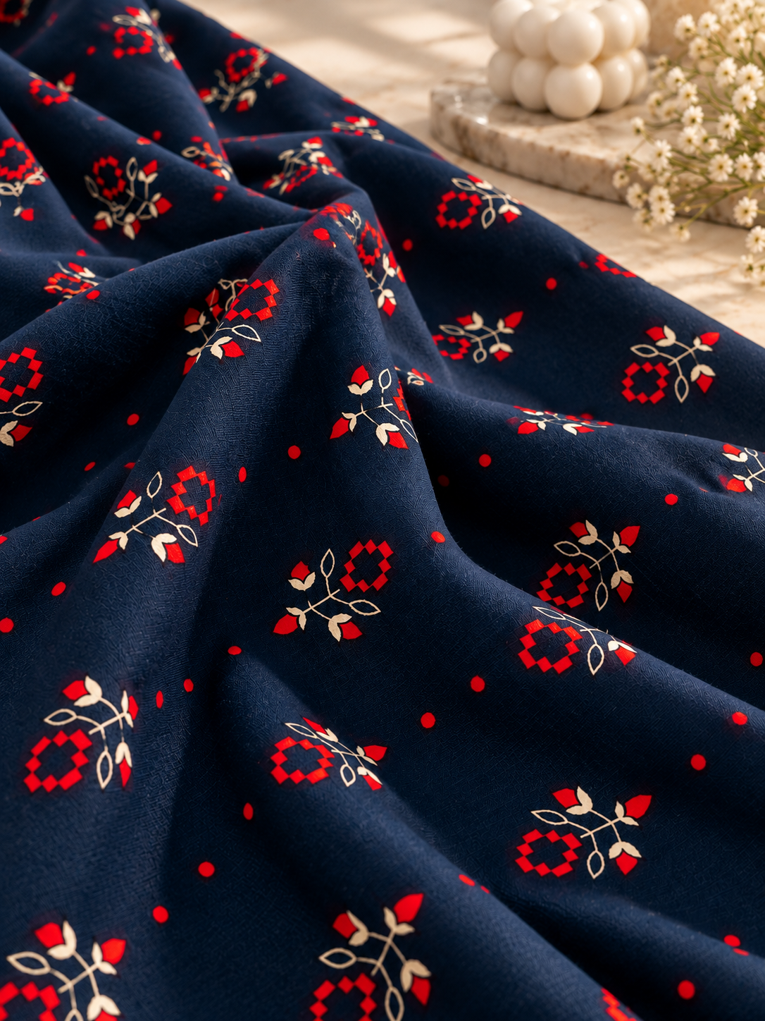Navy Blue Printed Unstich Stone Linen 2-Piece Suit