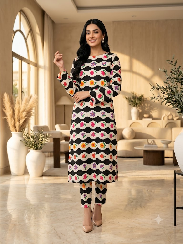 Elegant Floral Wave Printed 2-Piece Unstitch Lawn Suit – Premium Summer Collection
